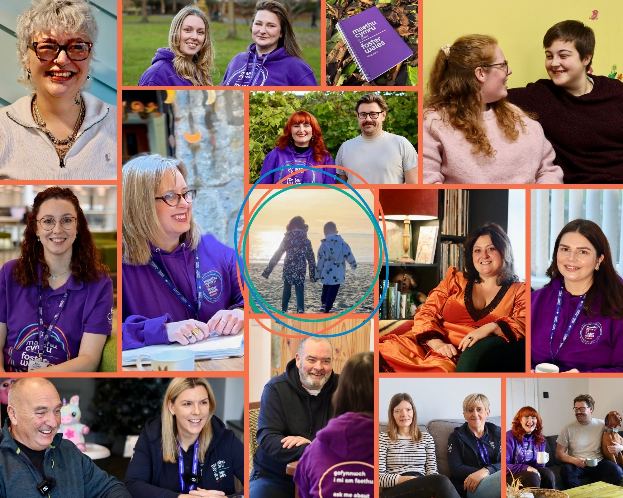 A collage of foster carers and Foster Wales staff from across North Wales surrounded by two small children holding hands on the beach